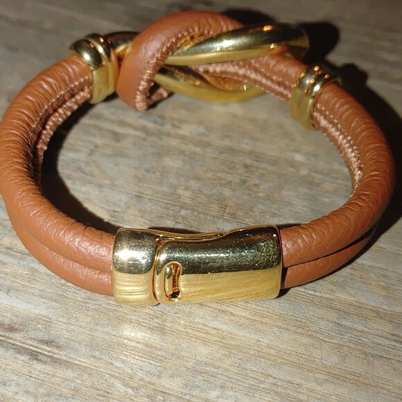 Bracelet Bellezza Italy Knot Brown Leather Gold Tone Magnetic Closure Stamped - Picture 6 of 11